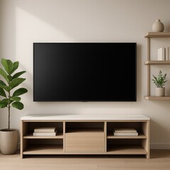 Contemporary living room with wall mounted television framed by tasteful decor, white walls and clean shelving, balanced natural light and generous negative space for realistic device screen mockups