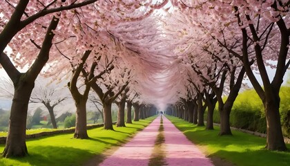 Naklejka premium Enchanting Cherry Blossom Tunnel: Pink Petals, Lush Green, Serene Pathway.