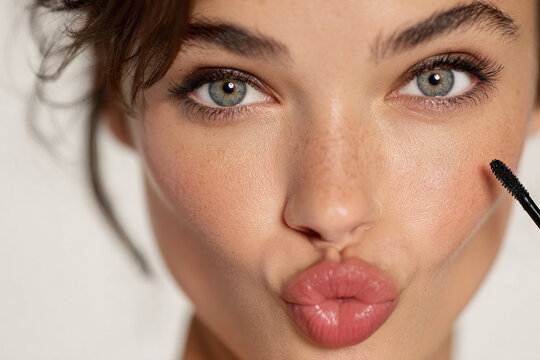 Close up portrait of a young woman applying mascara, lips puckered in a playful kiss, freckled skin and bright eyes illuminated by soft studio light.