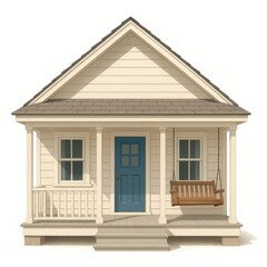 Obraz premium Charming white cottage with blue front door and cozy porch swing isolated on white clean cut architectural mockup welcoming curb appeal quaint home ideal for real estate brochures and mortgage ads