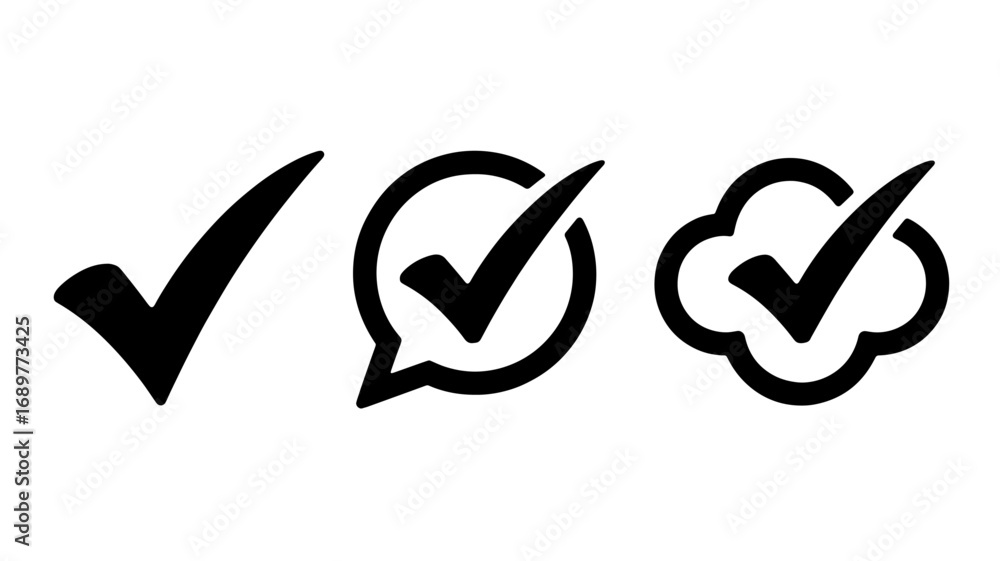 Aufkleber three check mark icons in different shapes for approval confirmation and completion