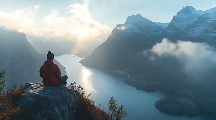 Person lake mountain view silhouette illustration