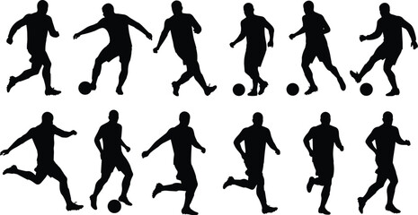 Vector illustration of black silhouettes of people, men, and women playing soccer, football, and other sports, with action, running, and jumping