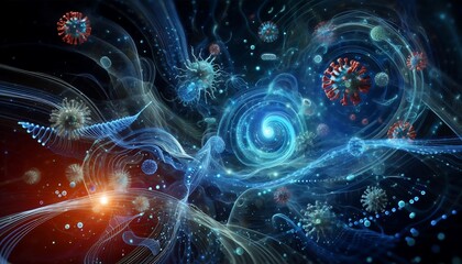 A surreal blend of viruses and bacteria swirling in abstract patterns with glowing trails and sci-fi bio-structures under deep blue lighting
