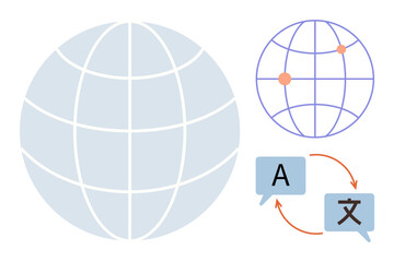 Simplified globe with latitude, longitude, speech bubbles marked A and character symbolizing translation. Ideal for communication, global reach, language services, networking, connection, technology