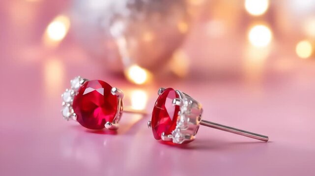 Close-up of elegant ruby earrings on a pastel pink surface with blurred bokeh lights in background. Jewelry concept.
