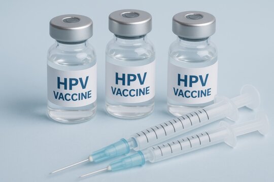 Hpv vaccine vials resting near sterile syringes on light blue background, highlighting medical prevention against human papillomavirus transmission