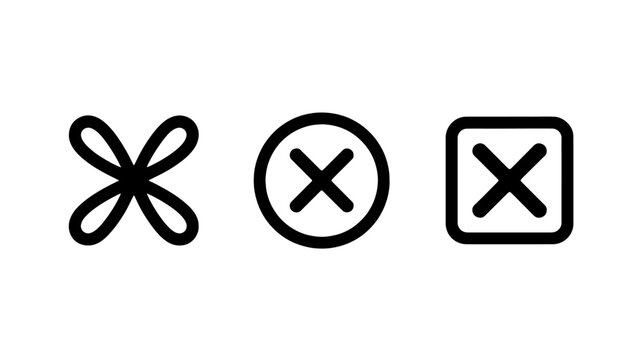 Three variations of a close button icon including rounded and square shapes