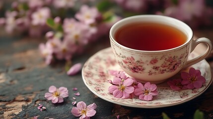 Teacup blossoms rustic wooden scene photos