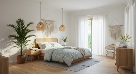 A bedroom with a large bed two hanging wicker lamps woven decorations and a potted tree