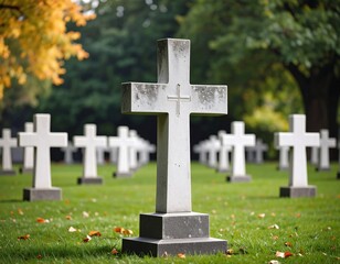 Rows of simple white crosses in a cemetery