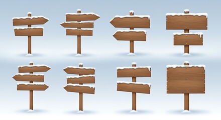 A collection of empty wooden directional arrow signs and blank signboards covered with snow, illustrating choices and winter guidance