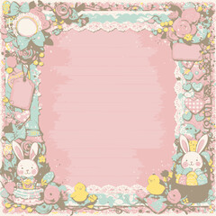 Vintage Easter-themed Frame with Rabbits, Flowers, and Decorative Elements in a Soft Pastel Palette