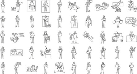 Outline vector illustration of people performing daily activities, including reading, working, sleeping, sitting, relaxing, sketching, using devices, casual lifestyle, home, and office scenes