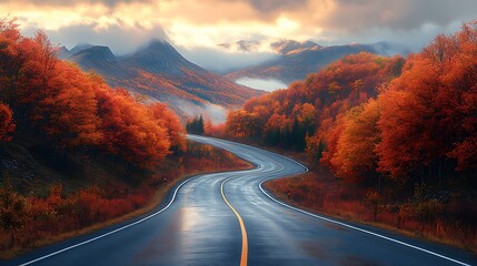 Winding road autumn colorful trees wallpaper