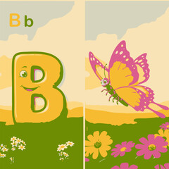 Illustration of the letter B with a butterfly in a nature scene for educational purposes