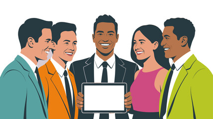 A diverse group of professionals presenting a tablet, fostering a sense of teamwork and collaboration.