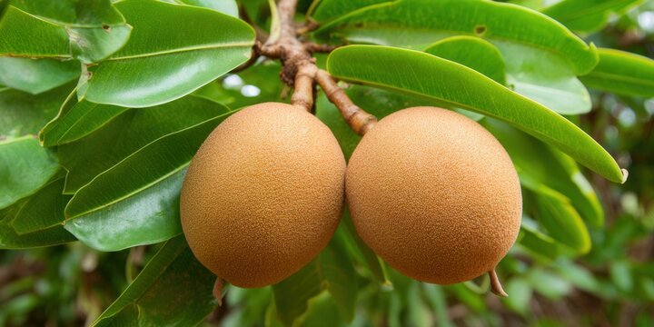 A close-up shot showcases sapodilla fruits hanging from a tree branch with vibrant green leaves.
