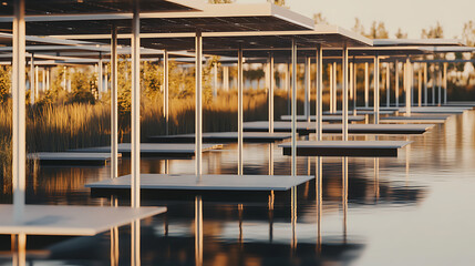 Modern Floating Platforms with Reflective Water and Metal Supports at Sunset