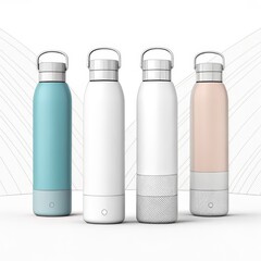 Four colorful reusable water bottles isolated on white background in studio