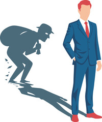 Fototapeta premium A businessman stands confidently while his shadow reveals a thief, carrying a bag.