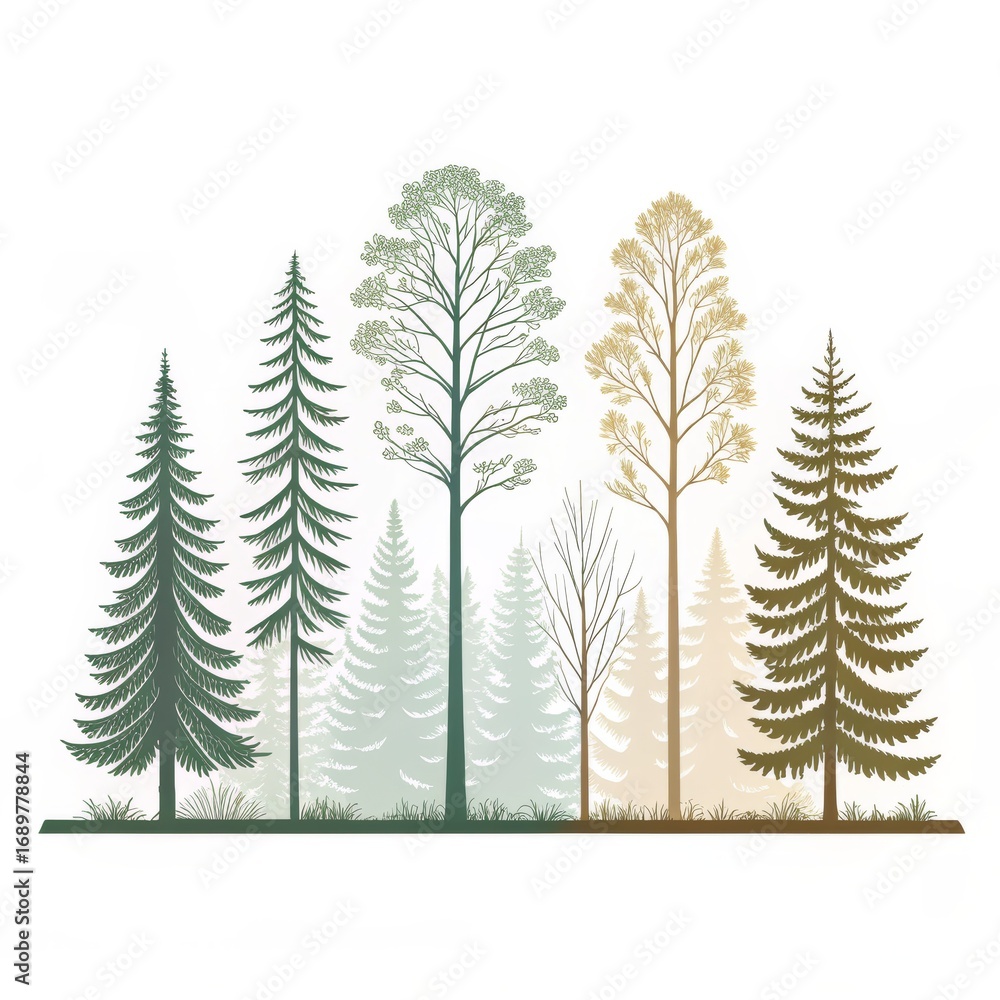 Poster silhouette of various trees isolated on white background in vector format
