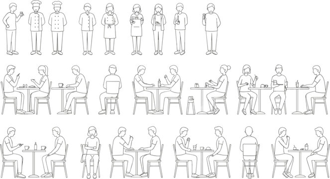 Vector line art people in cafe, sitting dining drinking coffee, chef waiter customer illustrations, modern cafe scene, restaurant characters, minimal restaurant staff and guests