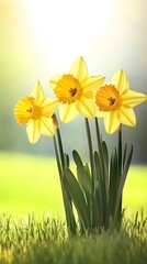 Obraz premium Three Yellow Daffodils Spring Flowers in Grass