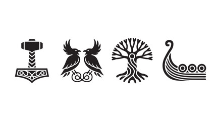 Obraz premium Norse Mythology Symbols Mjolnir, Ravens, Yggdrasil, Viking Ship - Vector Illustration