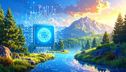 Computer chip hovers over a vibrant landscape. Clear water flows amidst trees and mountains, under a colorful sky. The chip suggests a blend of nature and technology