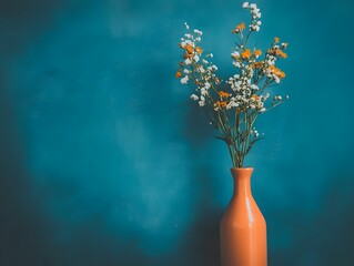 Obraz premium Orange Vase with White and Orange Flowers Teal Background Still Life Photography