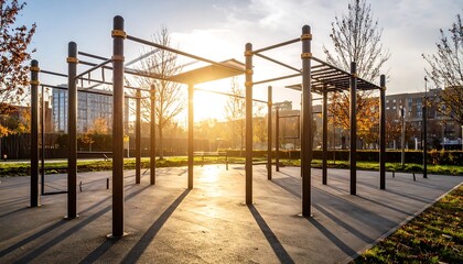 Outdoor fitness area at sunset, casting long shadows on the ground