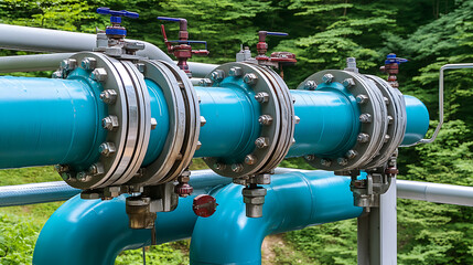 Industrial Blue Pipelines with Valves in a Forested Area