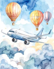 Hot air balloons and airplane in a cloudy sky