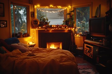 Cozy Fireplace with Twinkling Holiday Lights
