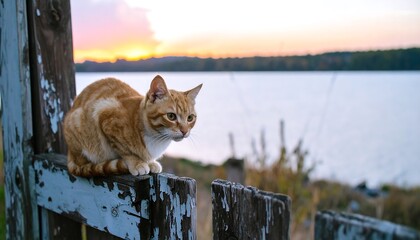 Ginger cat perched on weathered fence by a lake at sunset
