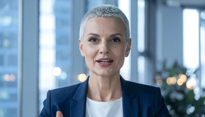 Business woman speaking to camera