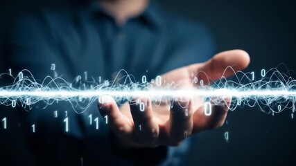 Data Stream: Hand Holding Binary Code with Energy Waves in a Digital Flow - Powered by Adobe