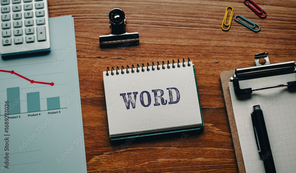 Poster there is notebook with the word word. it is as an eye-catching image.