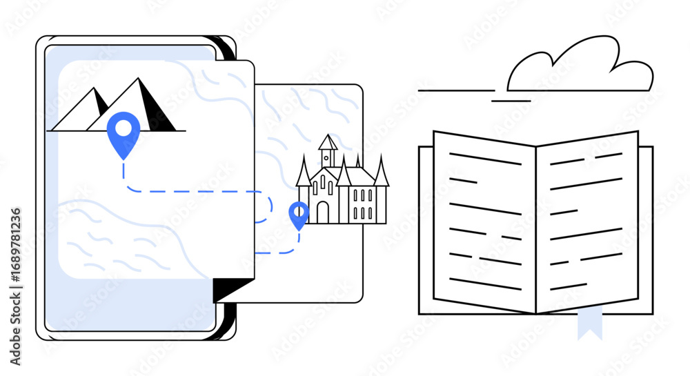 Poster tablet screen with map showing route markers toward castle, adjacent to open book, symbolizing knowl