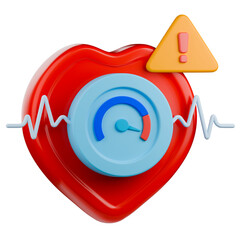 Hypertension 3d icon, with barometer gauge shows high blood pressure indicator, warning sign and pulse line on heart shape.