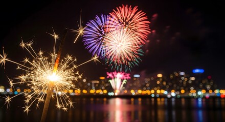 Obraz premium Colorful fireworks and sparkler illuminating the night sky above city lights, festive celebration atmosphere symbolizing joy, excitement, and holiday festivities