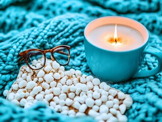 Cozy Winter Scene, Candle, Glasses, and Knit Blanket