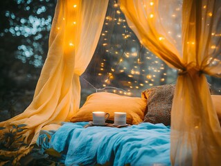 Romantic Outdoor Bed Fairy Lights Cozy Camp