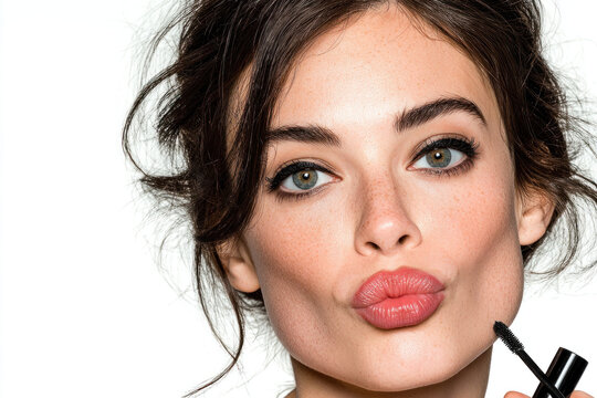Closeup portrait of a woman applying lipstick, lips puckered in a kiss, bold makeup with defined eyes, smooth skin, and dramatic lighting highlighting texture and confidence.