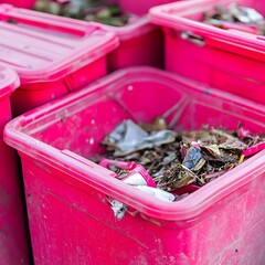 Closeup Pink Plastic Bins Filled with Garden Waste Debris