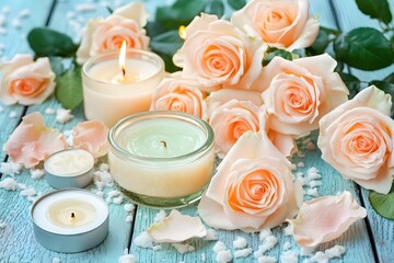 Scented Candles and Peach Roses Spa Still Life