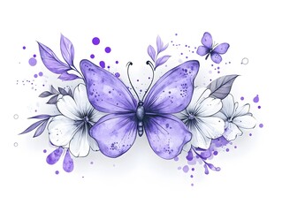 Lavender Butterfly Floral Watercolor Design Botanical Illustration