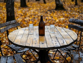 Autumnal Outdoor Table Scene with Bottle and Glasses