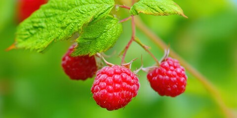 Bright red raspberries hanging on a branch with lush green leaves on a sunny day.